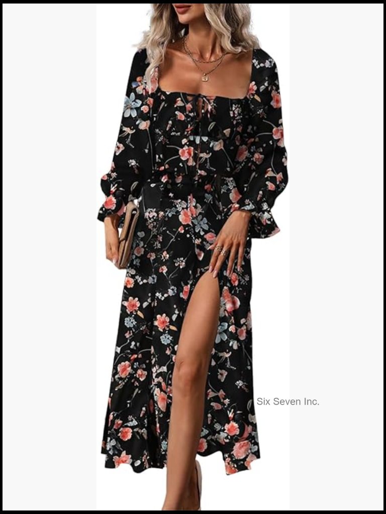 Polyester Elastane Square Neck Long Sleeve Midi Dress Side Split